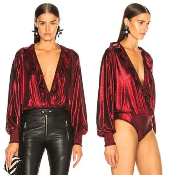 RETROFETE Fiona Plunge Neckline Metallic Bodysuit Red XS - Picture 1 of 6